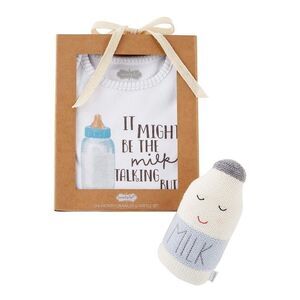 Mudpie 0-6 mos “Milk”  Crawler -  2 Piece Set with Crochet Milk Bottle Rattle